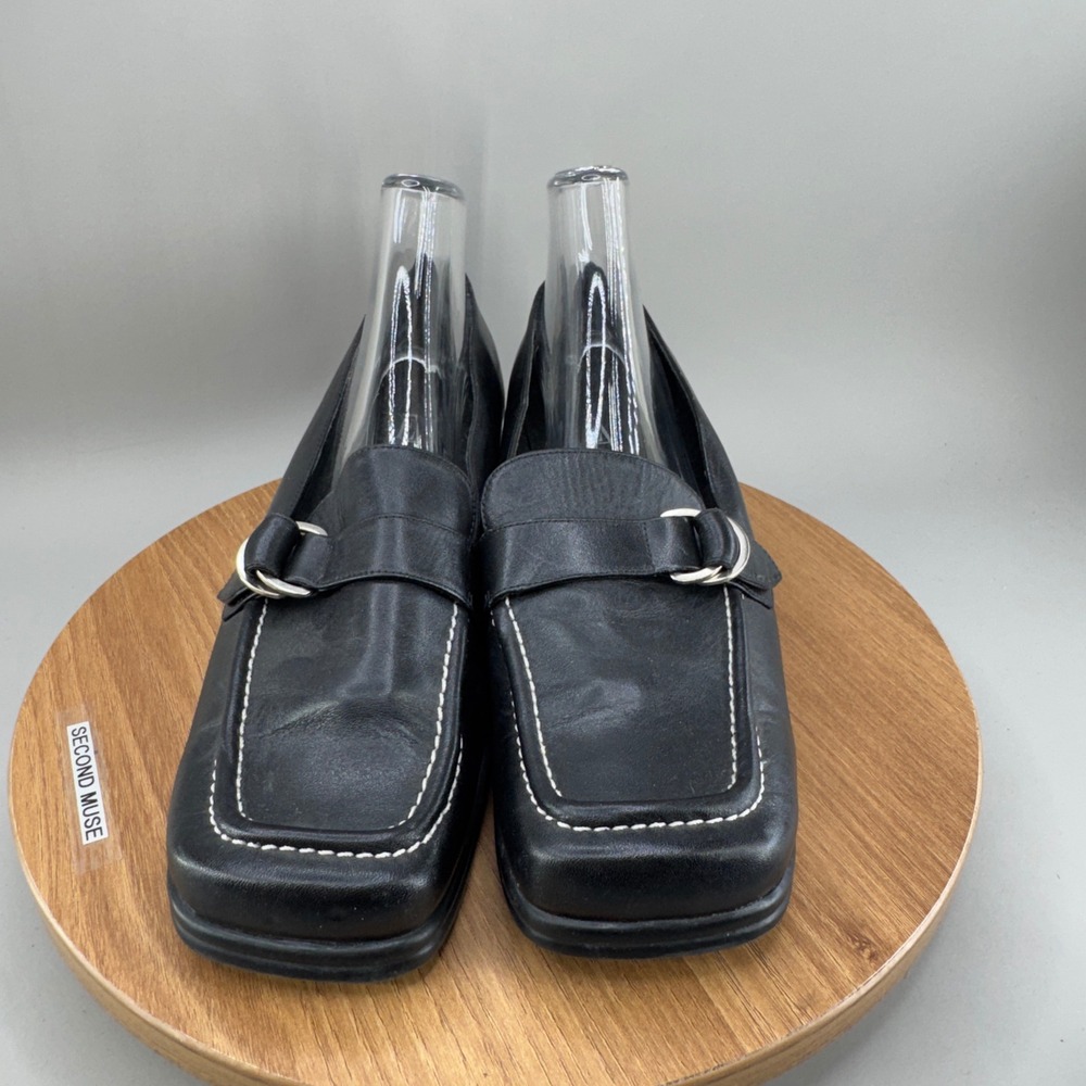 Etienne Aigner Loafers 9.5 Black Square Toe Leather Buckle 90s Dark Academia - Picture 2 of 10